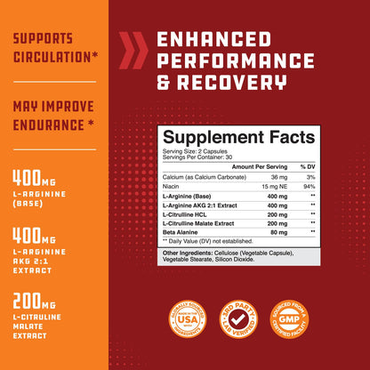 Nitric Oxide Support Pills - Natural Workout Supplement & Exercise Enhancer - Boost Energy Strength Recovery Muscle Builder - Pure L-Arginine & L-Citrulline Amino Acid Capsules - by Natures Craft