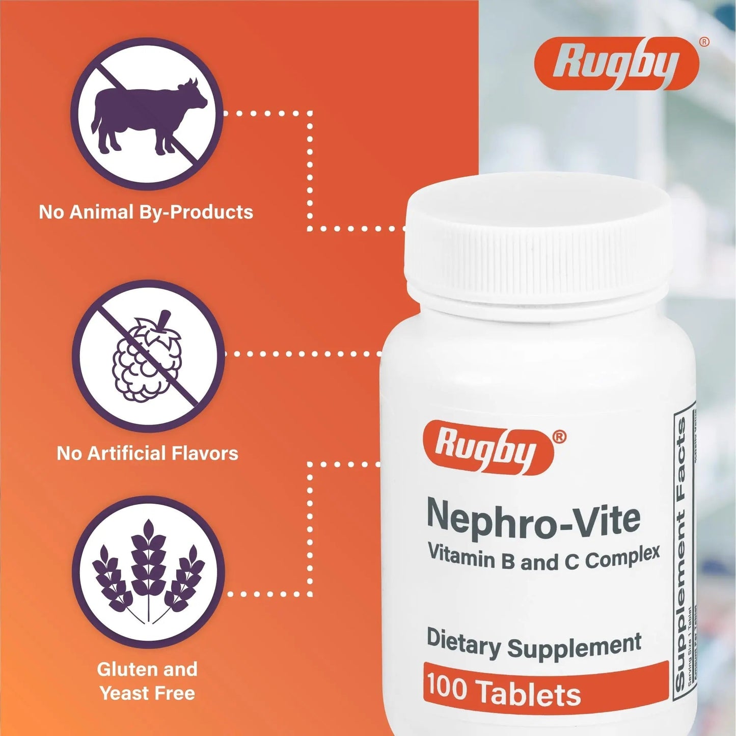 Rugby Nephro-Vite Vitamin B and C Complex Tablets - Dietary Supplement - 100 Count (1 Pack) RUGBY LABORATORIES