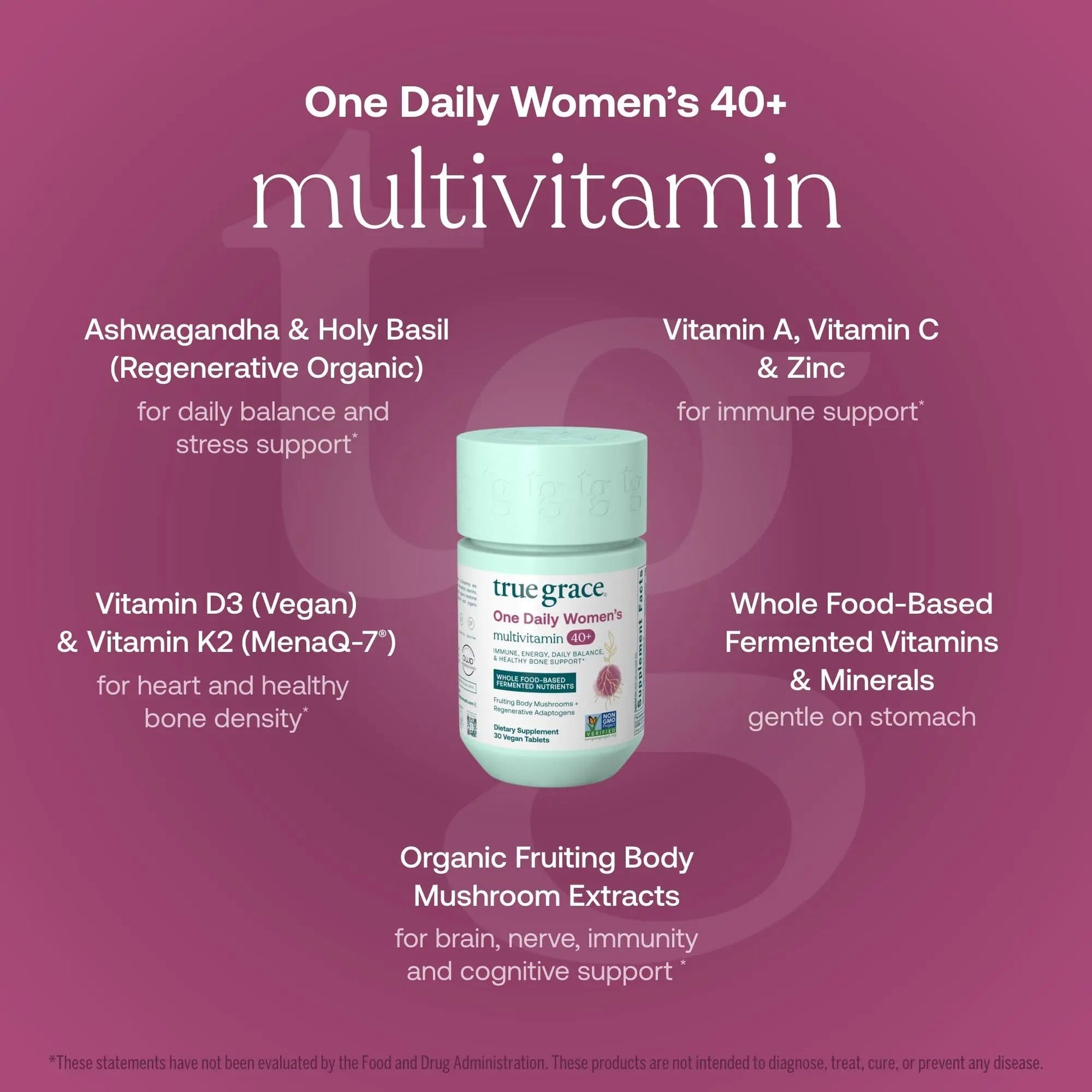 True Grace One Daily Women’s Multivitamin 40+ Fermented Minerals, Organic Adaptogens & Mushrooms Energy, Immune, Bone Support True Grace
