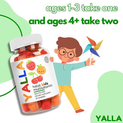 YALLA Halal Vitamins for Kids, Halal Kids Multivitamin Gummies, 45-90 Day Supply, Essential Vitamins with C, D3 YALLA