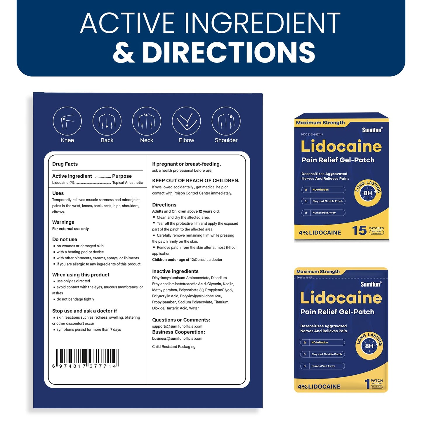Sumifun 4% Lidocaine Pain Relief Patches 15 Counts Maximum Strength Numbing Gel Patch for Back Knee Neck Joint Ache Muscle Soreness Topical Analgesic SumifunBuy Supplements Australia