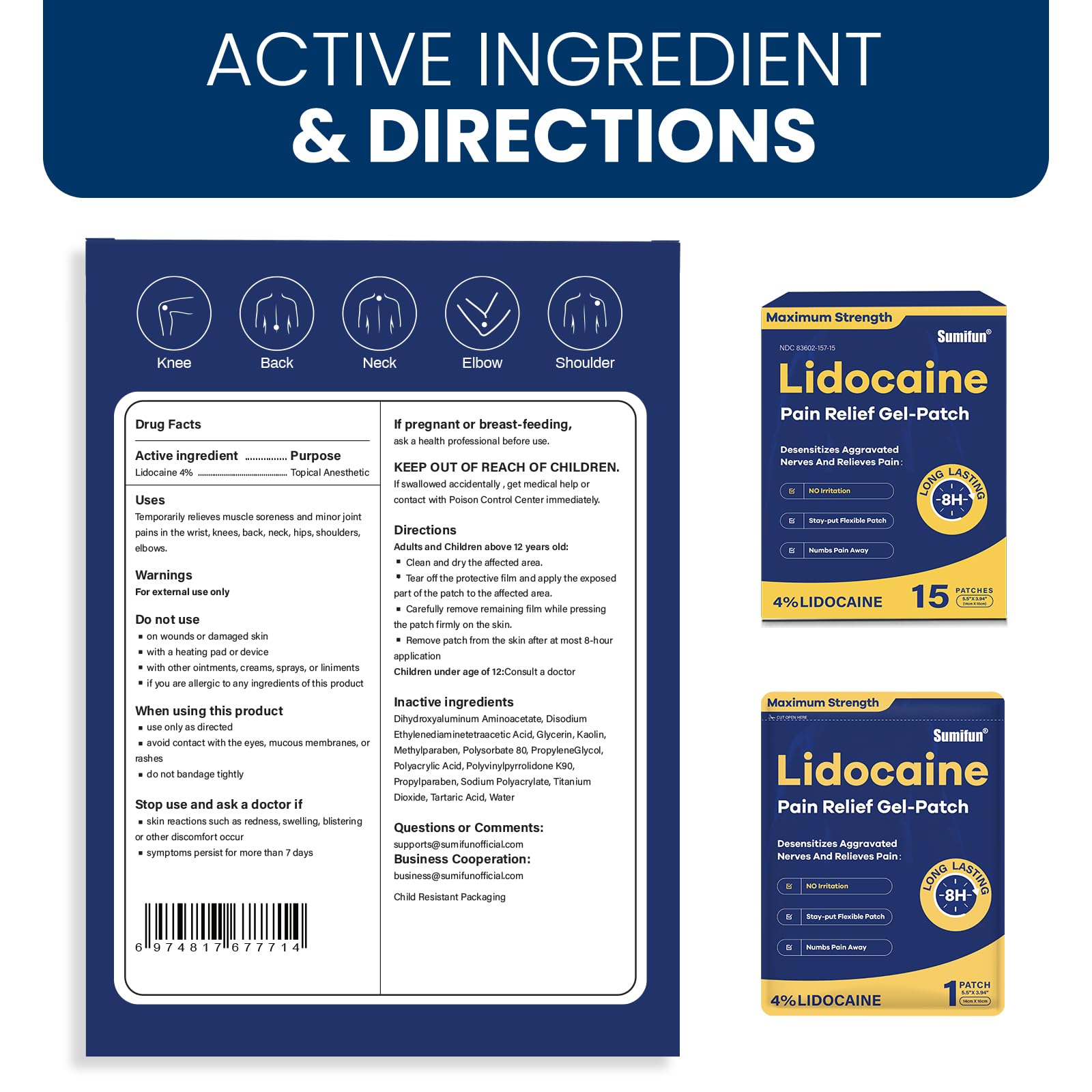 Sumifun 4% Lidocaine Pain Relief Patches 15 Counts Maximum Strength Numbing Gel Patch for Back Knee Neck Joint Ache Muscle Soreness Topical Analgesic SumifunBuy Supplements Australia