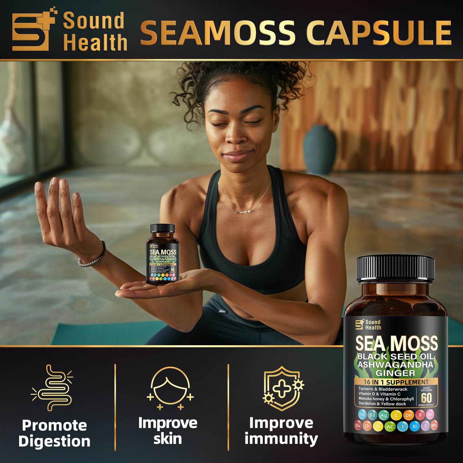 Sea Moss Capsules with Ashwagandha, Turmeric, Bladderwrack, Vitamins C & D for Natural Energy, Sleep Support & Hair Growth, 1200mg Herbal Blend, for Man & Women, Third-Party Tested，16-in-1 Supplement SoundHealthBuy Supplements Australia