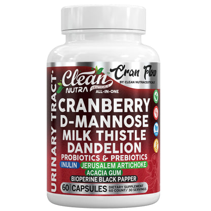 Cran Flow Cranberry Pills for Urinary Health D-Mannose Milk Thistle Dandelion Inulin Vitamin C Prebiotics and Probiotics Bladder Support By Clean Nutra Clean NutraceuticalsBuy Supplements Australia