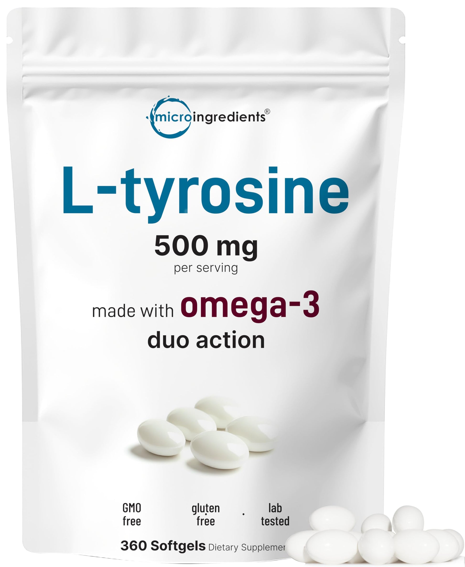 L Tyrosine Supplement 500mg with Omega-3, 360 Softgels | Duo Action Amino Acids + Omega from Flaxseed Oil 1,000mg with ALA | Heart and Mood Support | Brain Supplements for Memory and Focus | Non-GMO Micro IngredientsBuy Supplements Australia