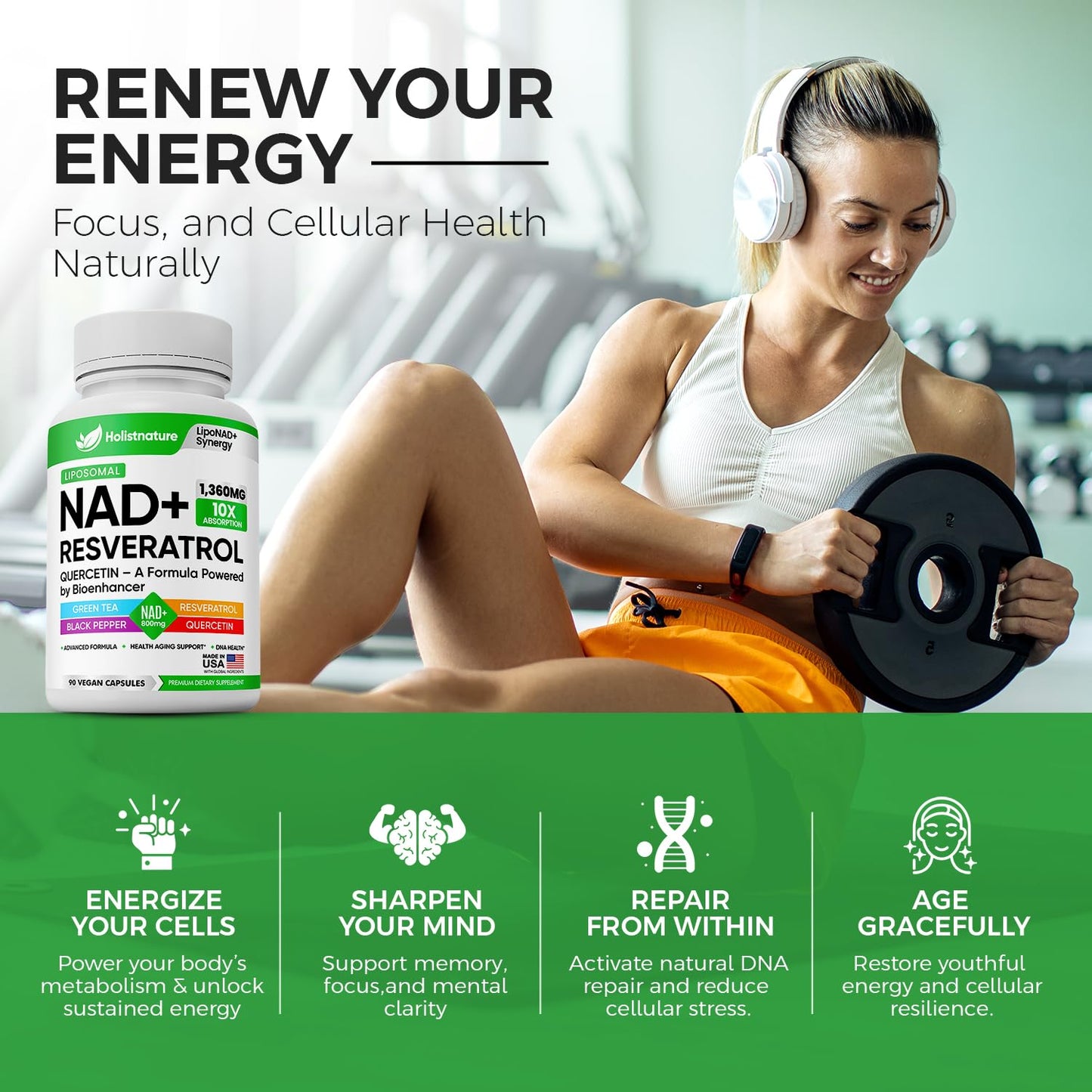 NAD+ Supplement, 1,360mg Max Strength Liposomal | Resveratrol, Quercetin, Green Tea | Cellular Energy & Healthy Aging for Men & Women | 800mg of 100% High Purity NAD+ for Energy, Focus - 90 Capsules HolistnatureBuy Supplements Australia