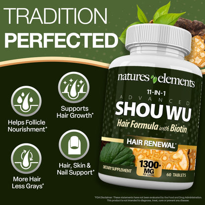 Natures Elements Advanced Shou Wu for Gray Hair – Prepared He Shou Wu for Hair Growth with Biotin, Bioperine, Fo-Ti Root & More – 100% Natural – 60 Tablets – Non-GMO, Gluten-Free Natures ElementsBuy Supplements Australia