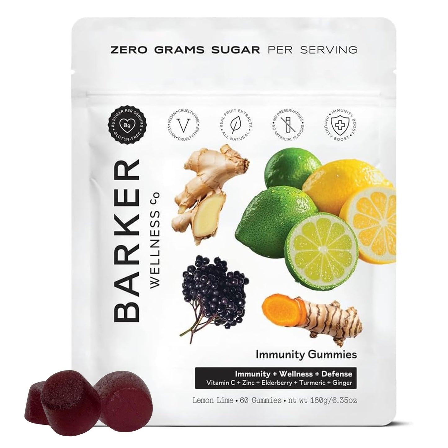 Barker Wellness Immunity Gummies with Vitamin C, Zinc, Elderberry, Turmeric & Ginger for Daily Immune Support | Vegan, Sugar-Free, Lemon-Lime Flavor | Seasonal Wellness Essentials, 60 Count Barker Wellness CoBuy Supplements Australia