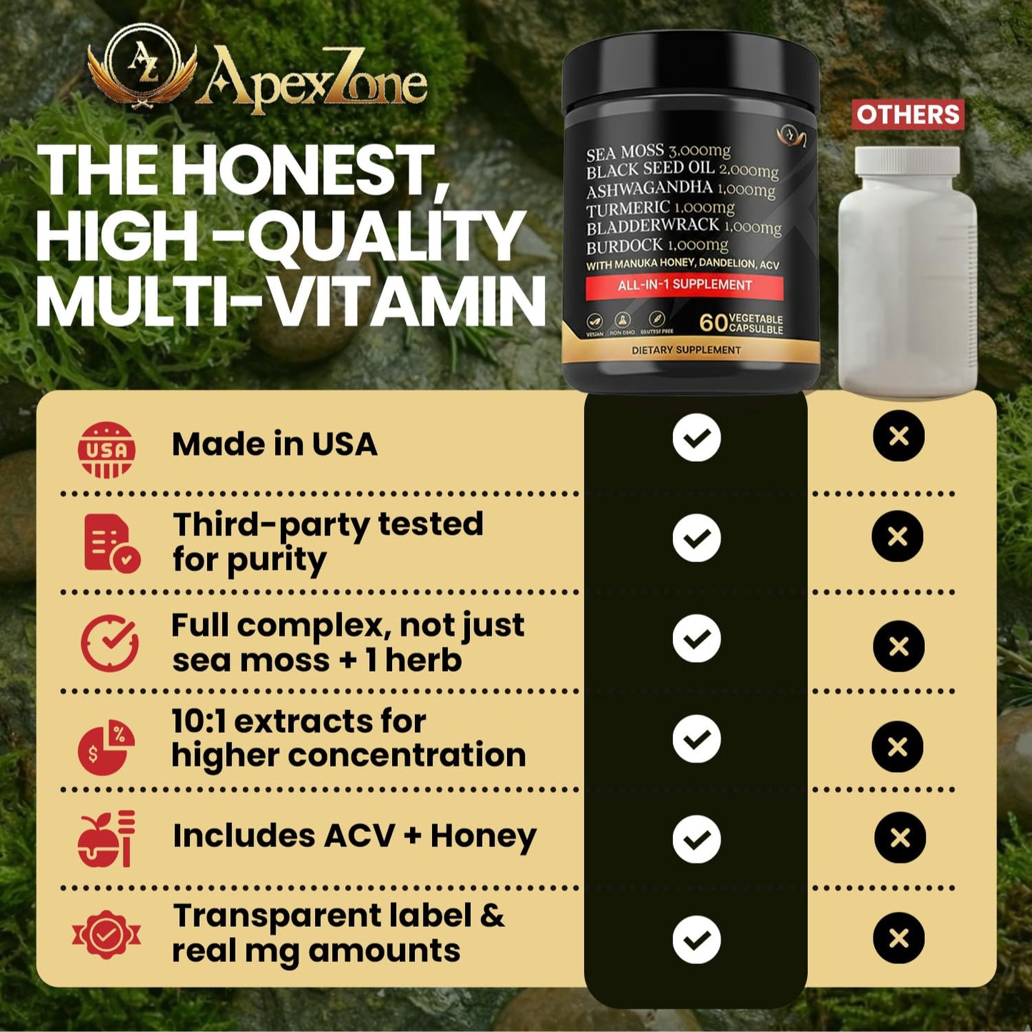 AZ ApexZone True Sea Moss Capsules Black Seed Oil Ashwagandha Burdock Root, Tumeric Supplement with Manuka Honey, Dandelion Root ACV - 60 Capsules - Multi Vitamin AZ ApexZoneBuy Supplements Australia