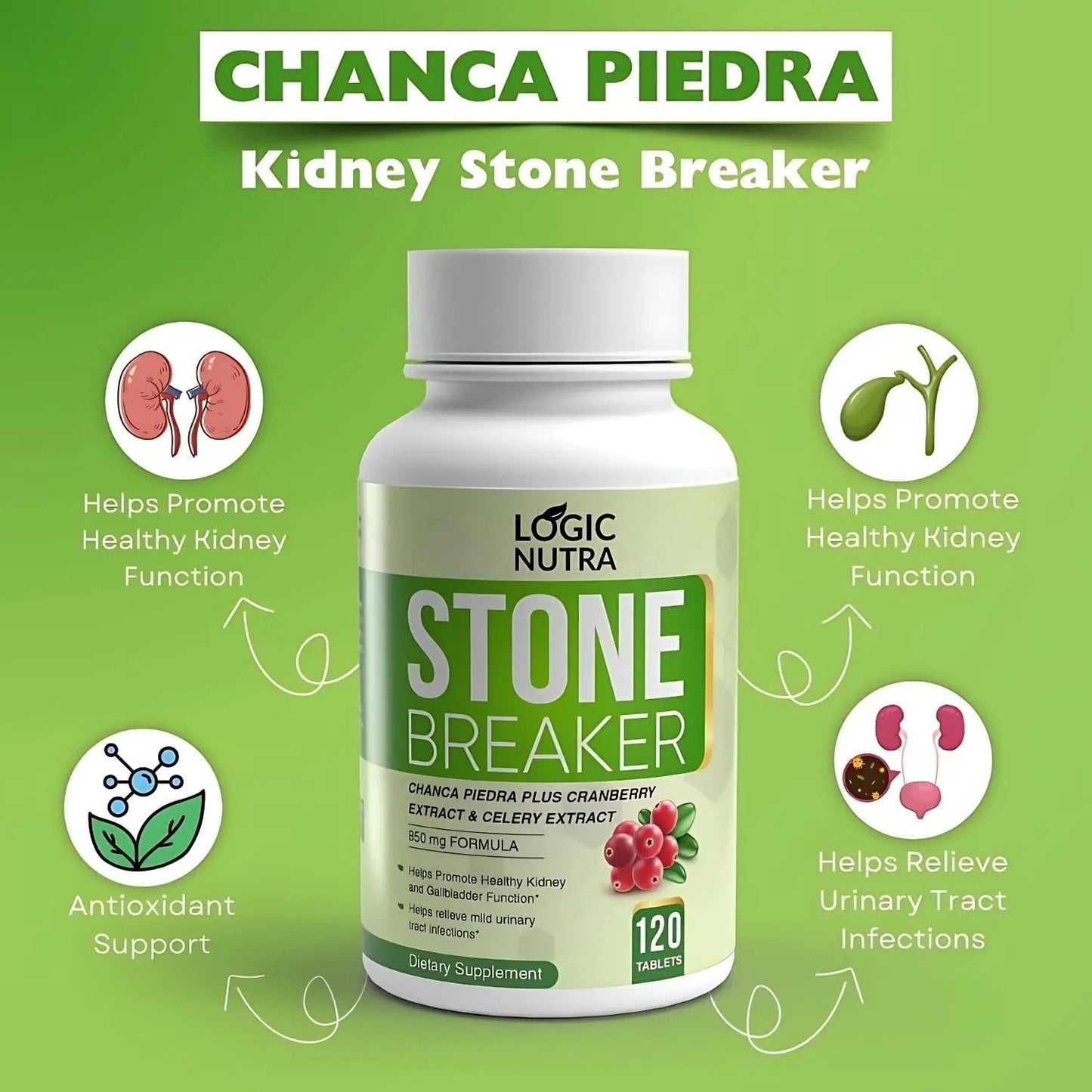 Logic Nutra Chanca Piedra Kidney Stone Breaker 120 Tablets 800 mg - Maximum Strength for Gallbladder & Urinary Cleanse with Phyllantus Niruri, Celery Seed Extract & Cranberry Extract Logic NutraBuy Supplements Australia