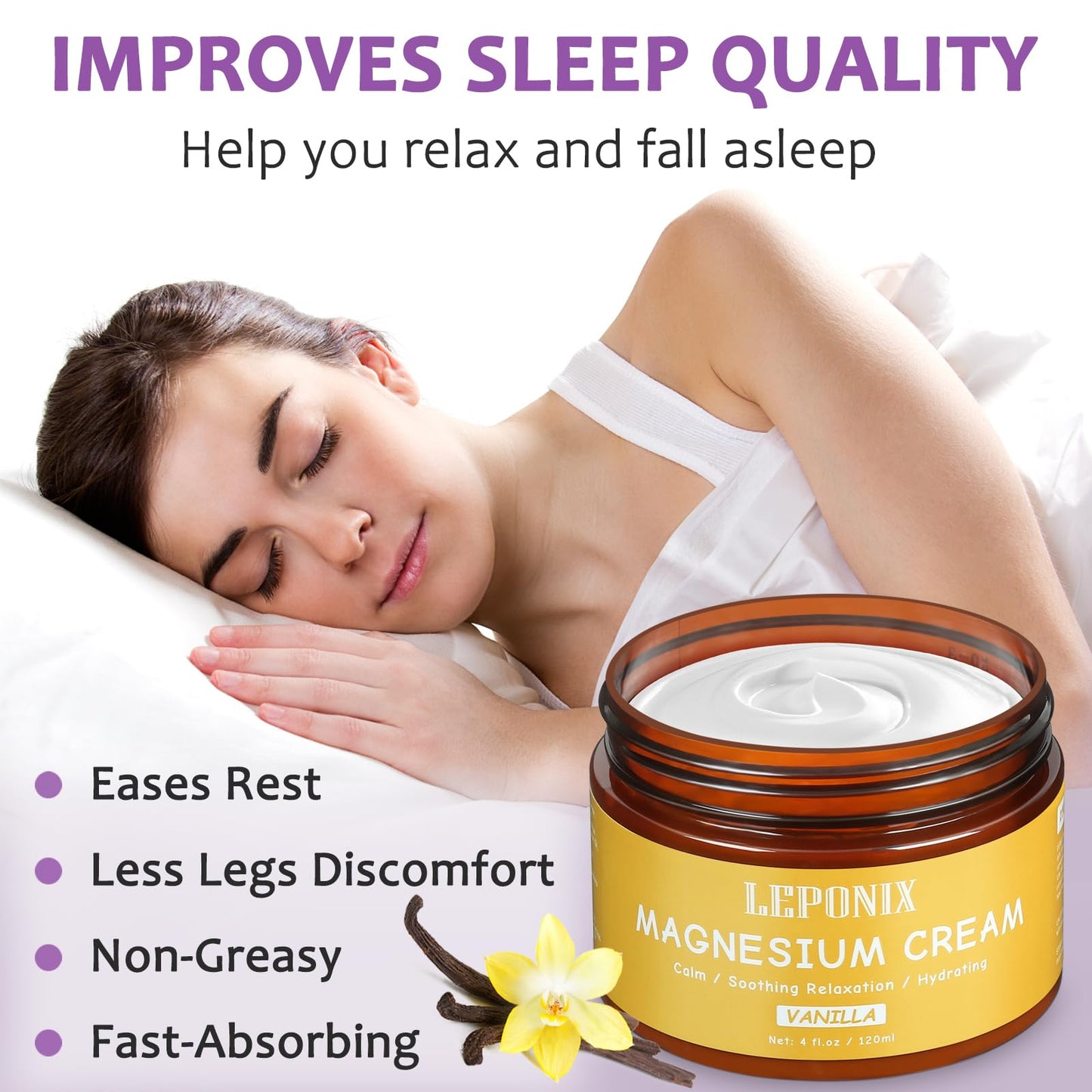 Magnesium Cream for Sleep & Muscle Recovery - Soothing Topical Magnesium Lotion for Leg Cramps, Joint Comfort, Pain Relief - Relaxing Magnesium Body Butter for Men Women Kids (120ml, Vanilla) LEPONIXBuy Supplements Australia