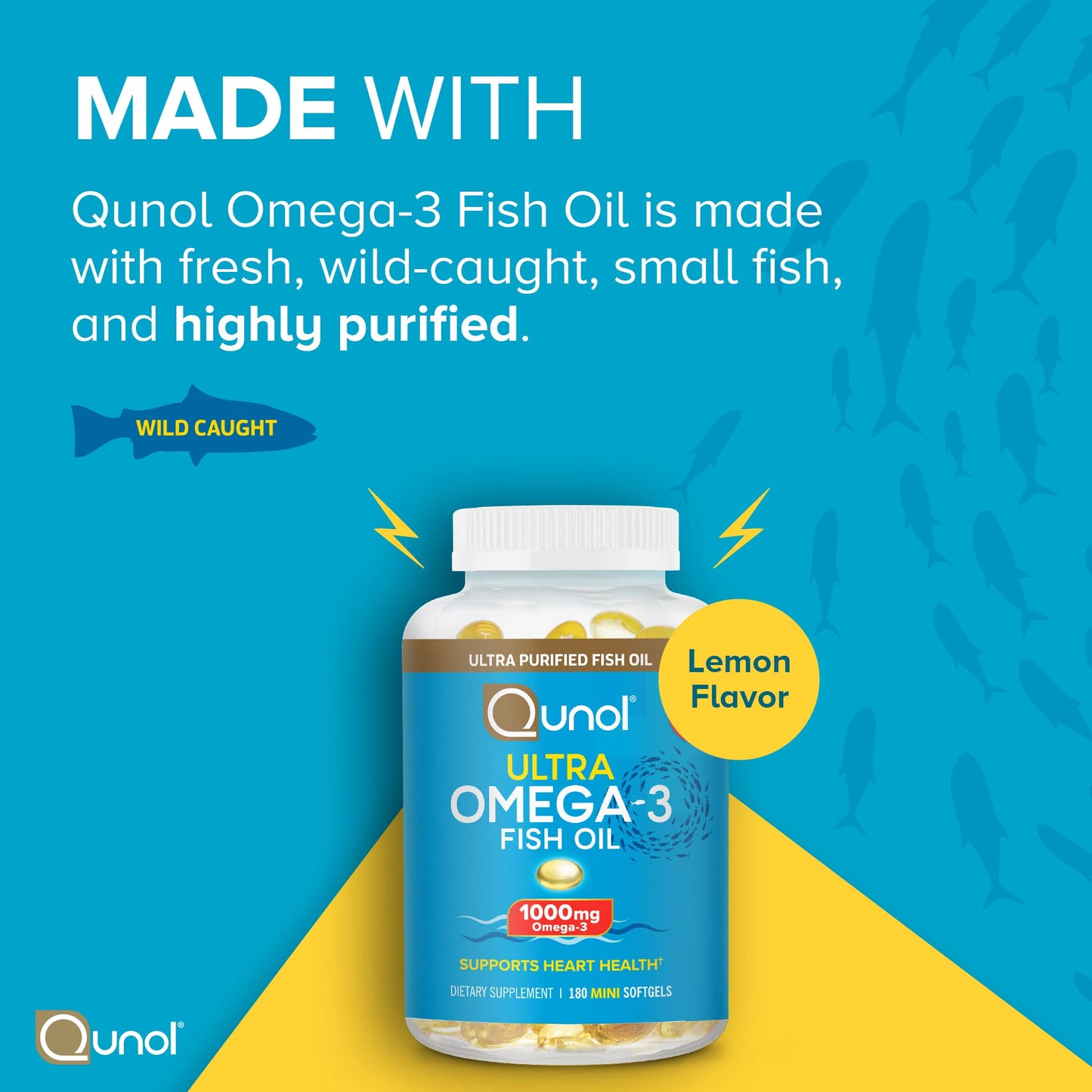 Qunol Fish Oil Omega 3 Mini Softgels, 1000mg Omega 3 EPA + DHA, Ultra Pure Supplements, Heart Health Support, Lemon Flavor