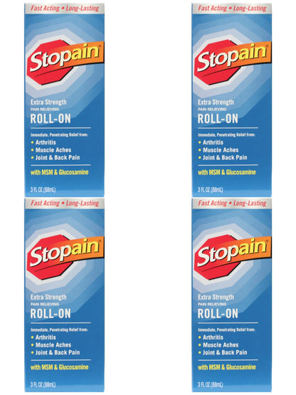 Stopain Pain Relief Roll On Gel 3oz (4 Pack) USA Made, Max Strength Fast Acting with MSM, Glucosamine, Menthol for Lower Back, Knee, Neck, HSA FSA Approved Topical Analgesic Products StopainBuy Supplements Australia