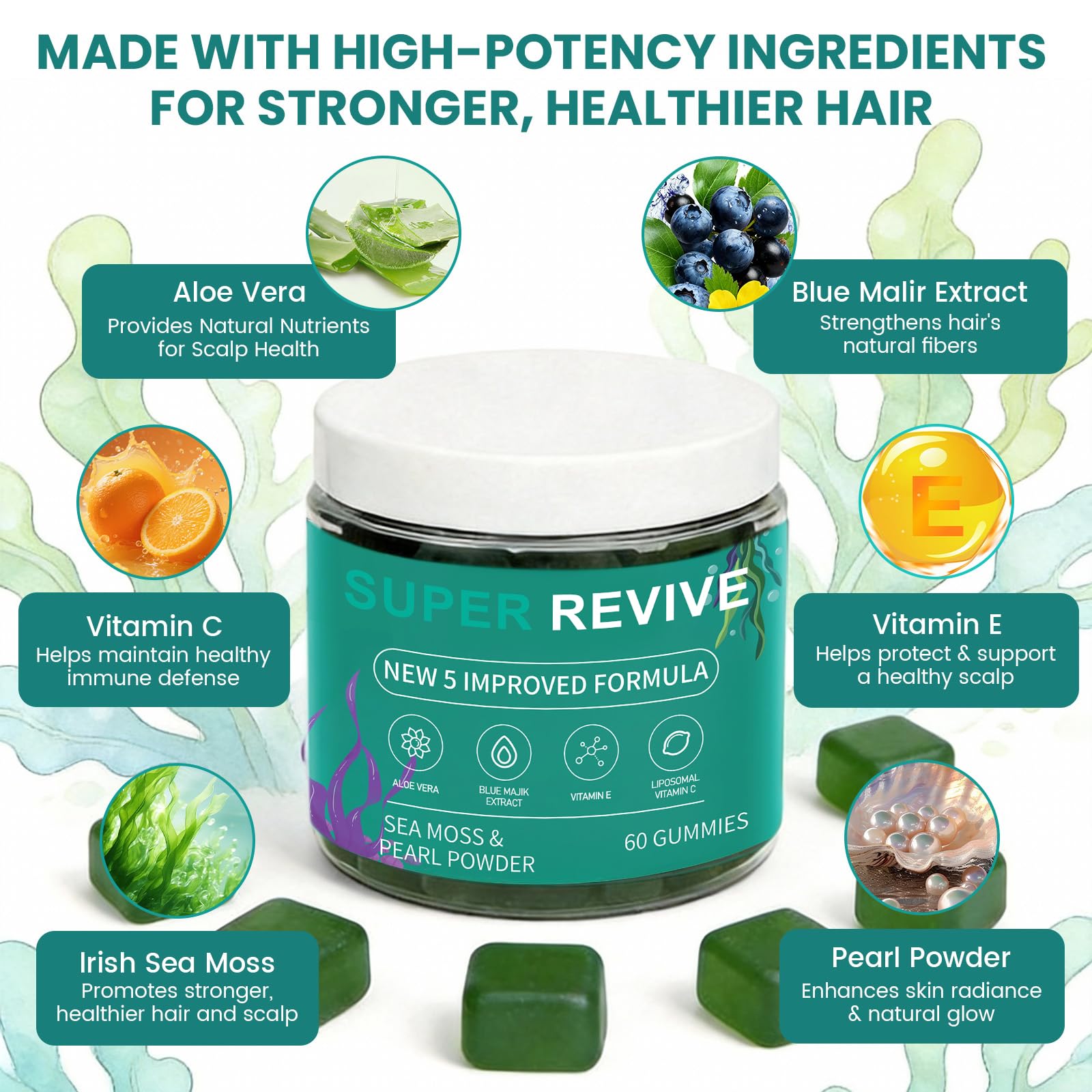 caicieter Super Revive Gummies for Hair Loss - Sea Moss Gummies with Vitamin C, E, Aloe Vera & Pearl Powder Glow, Promotes Thicker, Fuller & Stronger Hair - 60 Count caicieterBuy Supplements Australia