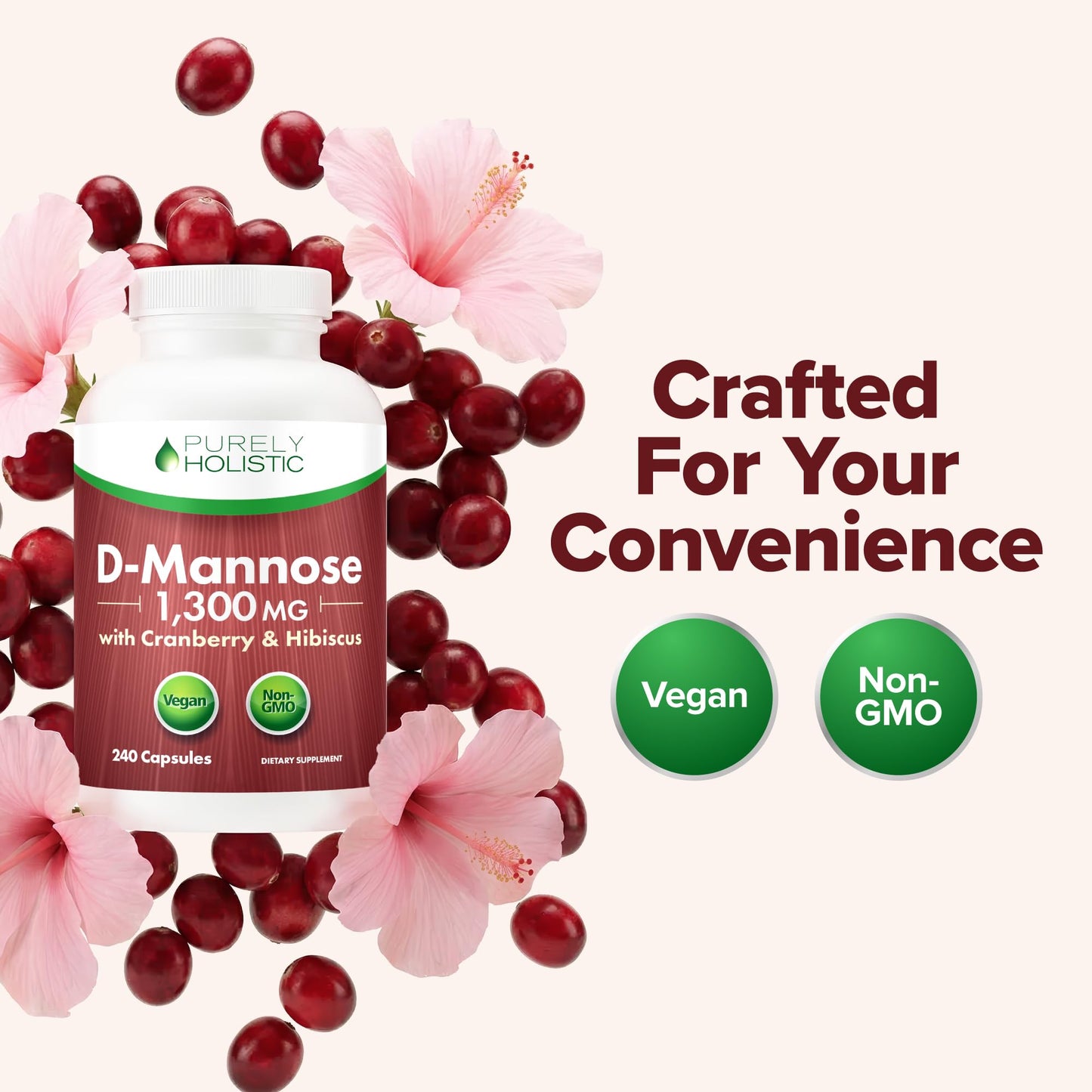 D Mannose with Cranberry | Drug-Free Urinary Tract Health Support | Evidence-Based DMannose 1300mg for Urinary & Bladder Health for Women | D Mannose Supplements for Women & Men | Non-GMO | 240 Ct Purely HolisticBuy Supplements Australia