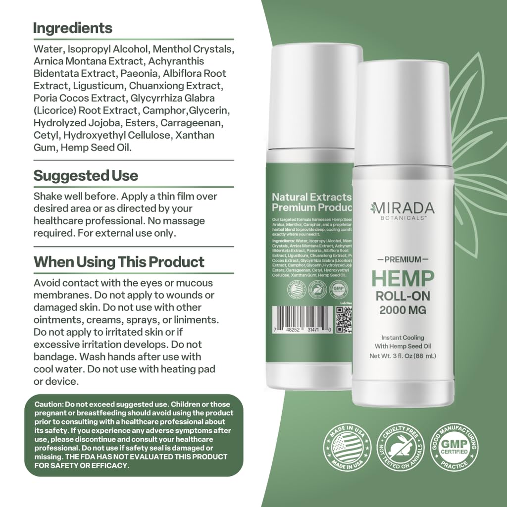 Mirada Botanicals Hemp Cooling Relief Roll-On – 2000mg - Menthol & Arnica – Muscle & Joint Support Mirada BotanicalsBuy Supplements Australia
