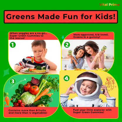 FourRoar Vital Prime Super Green Gummies for Kids 90 Count Strawberry & Watermelon Flavor | Fruit and Vegetable Gummies | Vegan Veggies Gummy Multivitamin for Kids FourRoarBuy Supplements Australia