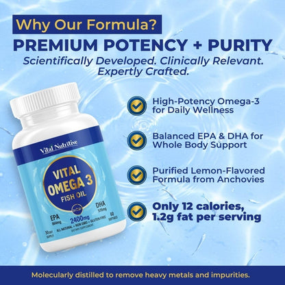 Vital Omega 3 Fish Oil Supplements 2400mg | 864mg EPA & 576mg DHA | 1440mg Total Omega-3 Fatty Acids | Promotes Brain & Heart Health | Non-GMO, Gluten-Free, Sugar-Free | Lemon | 60 Day Servings VITAL NUTRITIVEBuy Supplements Australia
