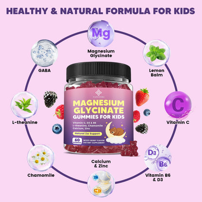 YANLUOBO Kids Magnesium Gummies, Magnesium Glycinate Gummies 400mg/200mg with L-Theanine, Chamomile, Vitamin B6, D3 for Kids, Relaxation & Zzz Support,
