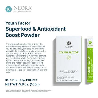 NEORA Youth Factor - Superfood Boost Powder - pH Balance, Hair Skin Nails Support, Fruits & Veggies Equivalent, Nutrient Absorption - 30 Packets NEORABuy Supplements Australia