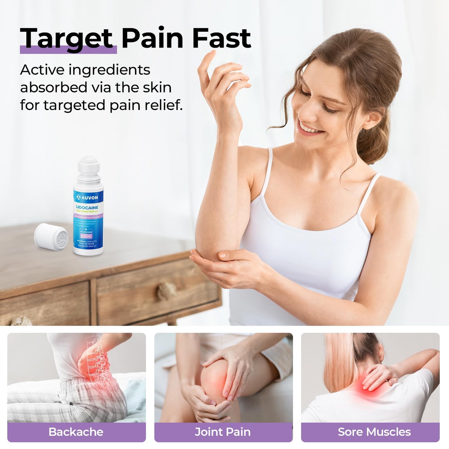 AUVON Max Strength Lidocaine Pain Relief Roll-On with Lavender Essential Oil, No Mess Applicator, Quick Absorbing to Numb & Soothe Pain Relief for Knees, Shoulders, 2.5 Oz, 2 Packs AUVONBuy Supplements Australia