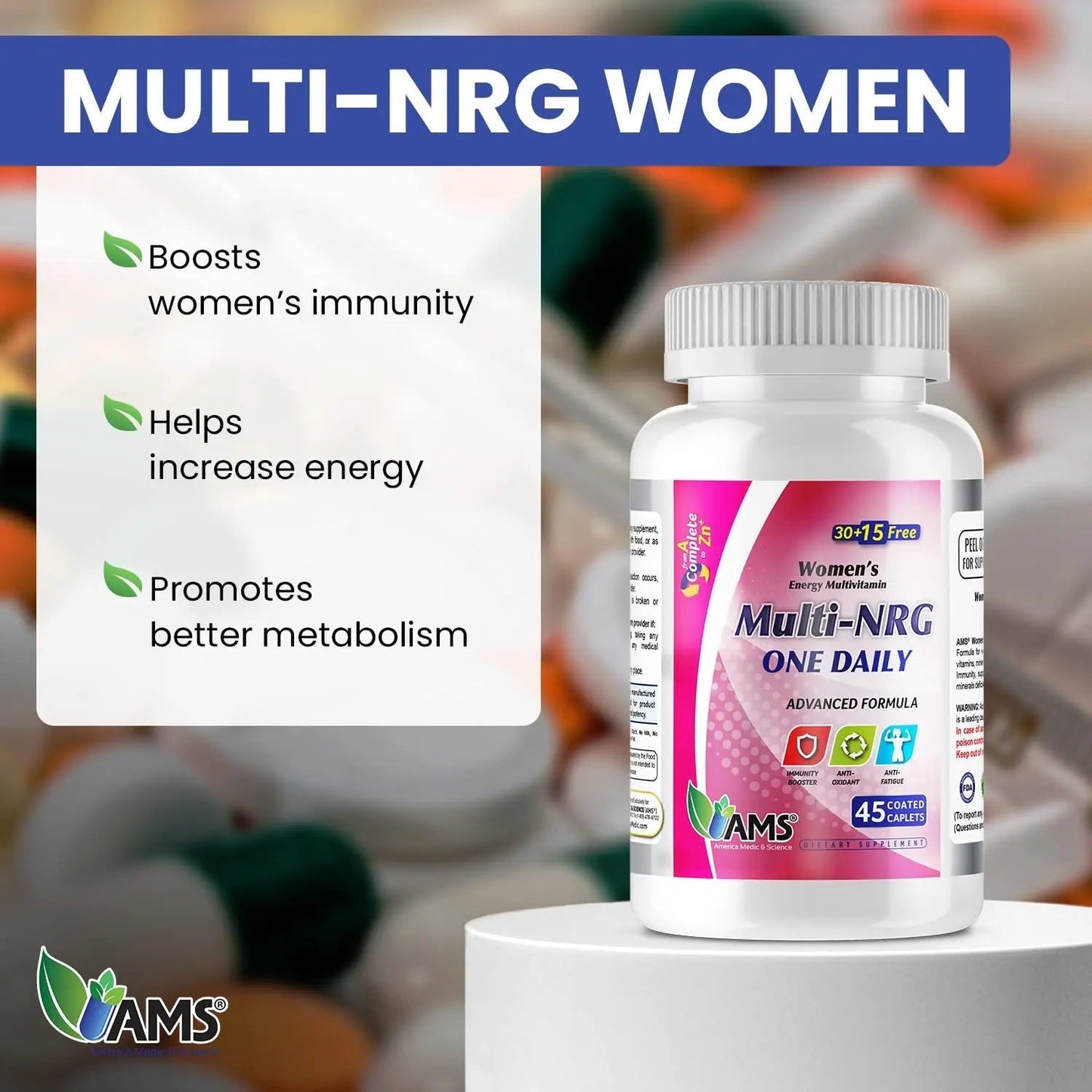America Medic & Science Multivitamins for Women, Multi-NRG, 45 Coated Caplets, One Daily, Immune Support Supplements, Vitamin C & B Complex America Medic & ScienceBuy Supplements Australia