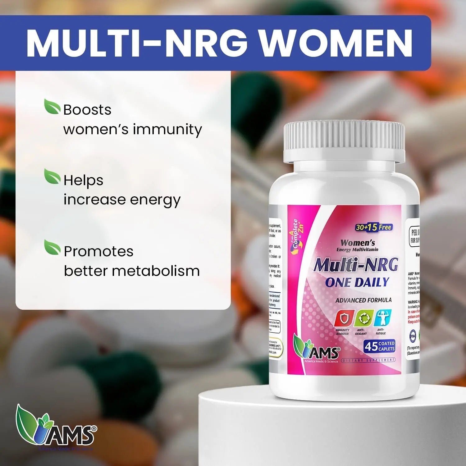 America Medic & Science Multivitamins for Women, Multi-NRG, 45 Coated Caplets, One Daily, Immune Support Supplements, Vitamin C & B Complex America Medic & ScienceBuy Supplements Australia
