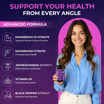 Magnesium Glycinate Complex 1150mg - Gentle on Stomach High Absorption Magnesium Capsules with Citrate, Silica, Ashwagandha & Vitamin B6 for Zzz, Stress Relief, Muscle Support for Adults, Women & Men AEQNJVBuy Supplements Australia