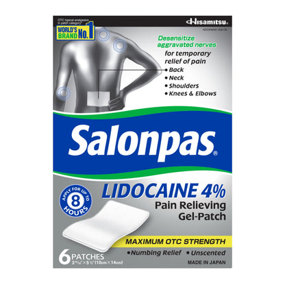 Salonpas Lidocaine 4% Pain Relieving Gel-Patch, 6 Count, for Back, Neck, Shoulder, Knee & Elbow Pain SalonpasBuy Supplements Australia