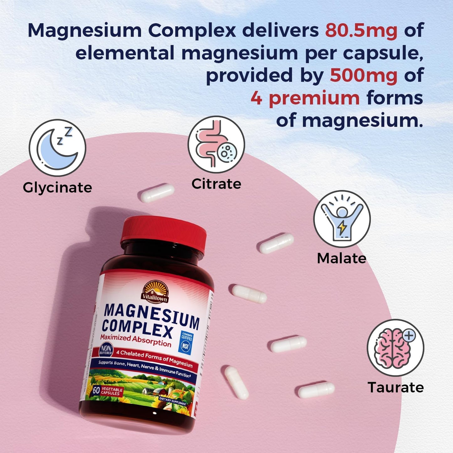 Vitalitown Magnesium Complex Supplement 500mg - NSF Certified Magnesium Glycinate, Malate, Taurate & Citrate - Chelated High Absorption & Gentle on Stomach