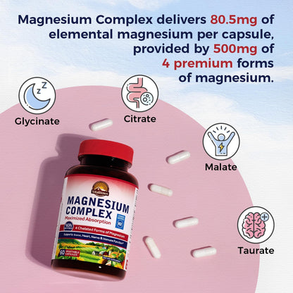 Vitalitown Magnesium Complex Supplement 500mg - NSF Certified Magnesium Glycinate, Malate, Taurate & Citrate - Chelated High Absorption & Gentle on Stomach