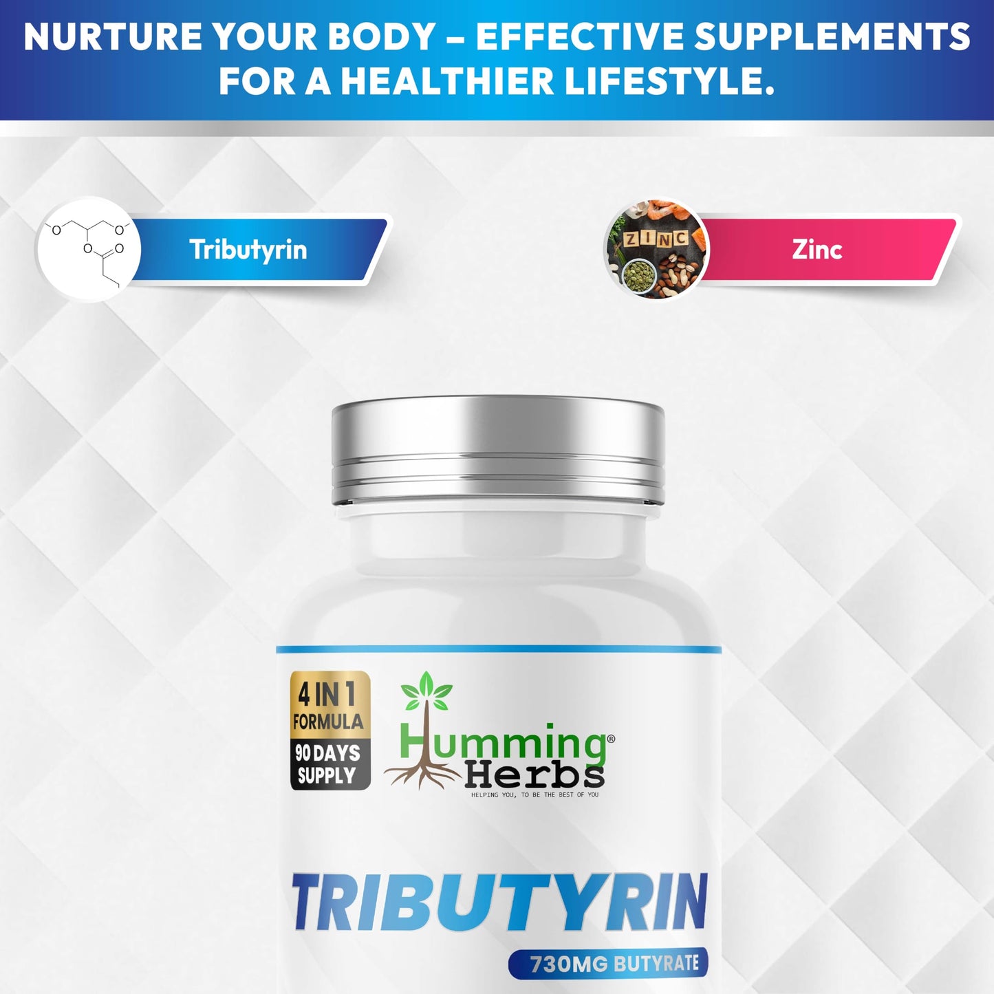 Humming Herbs Tributyrin Complex — 850 mg per Serving (95% Pure, yielding 731 mg Butyrate) with L-Glutamine, Zinc L-Carnosine, FOS & Probiotic Blend (180) Humming HerbsBuy Supplements Australia