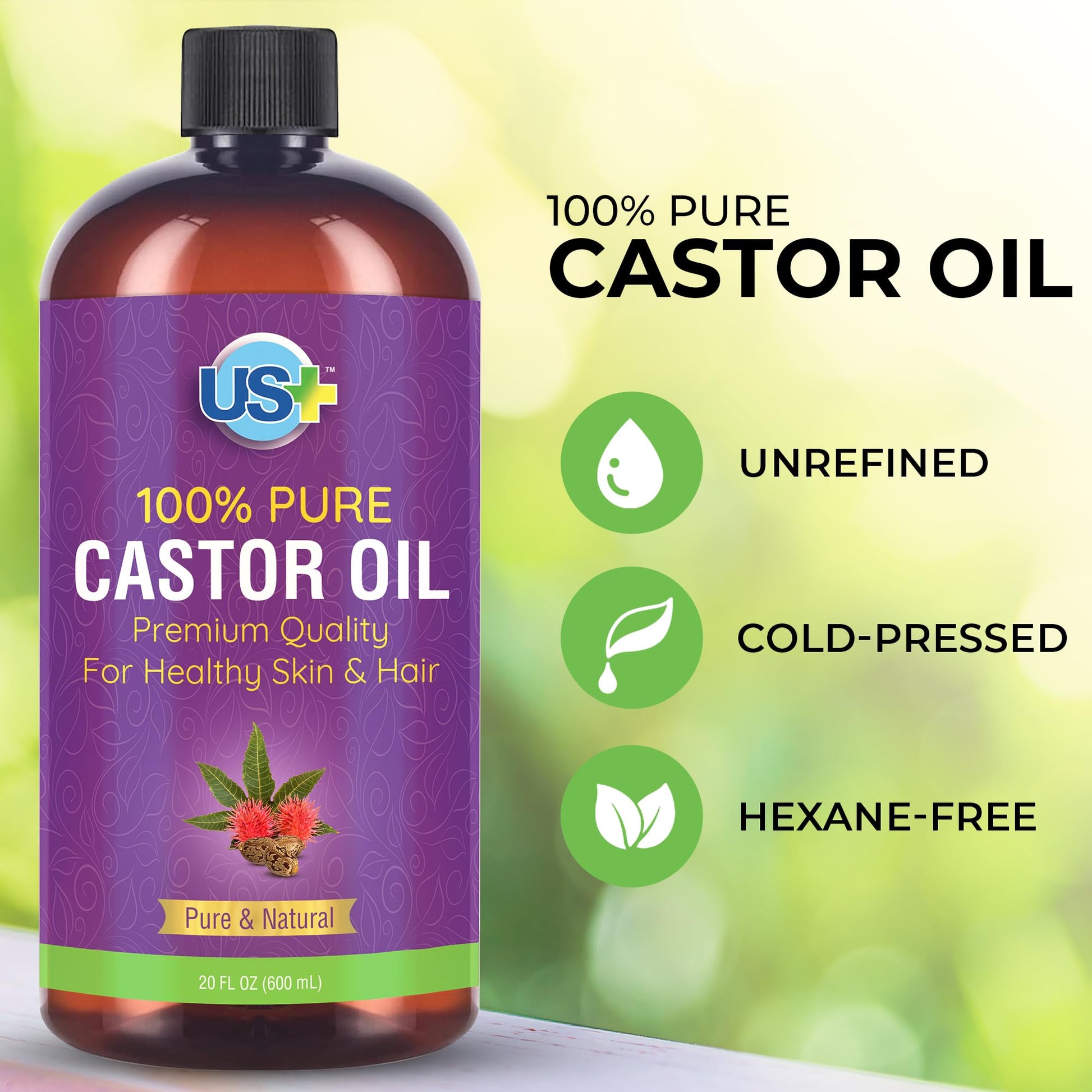 Us+ 20oz 100% Pure Castor Oil - Cold-pressed, Unrefined, Hexane-free - USP Grade - Premium Quality Us+Buy Supplements Australia