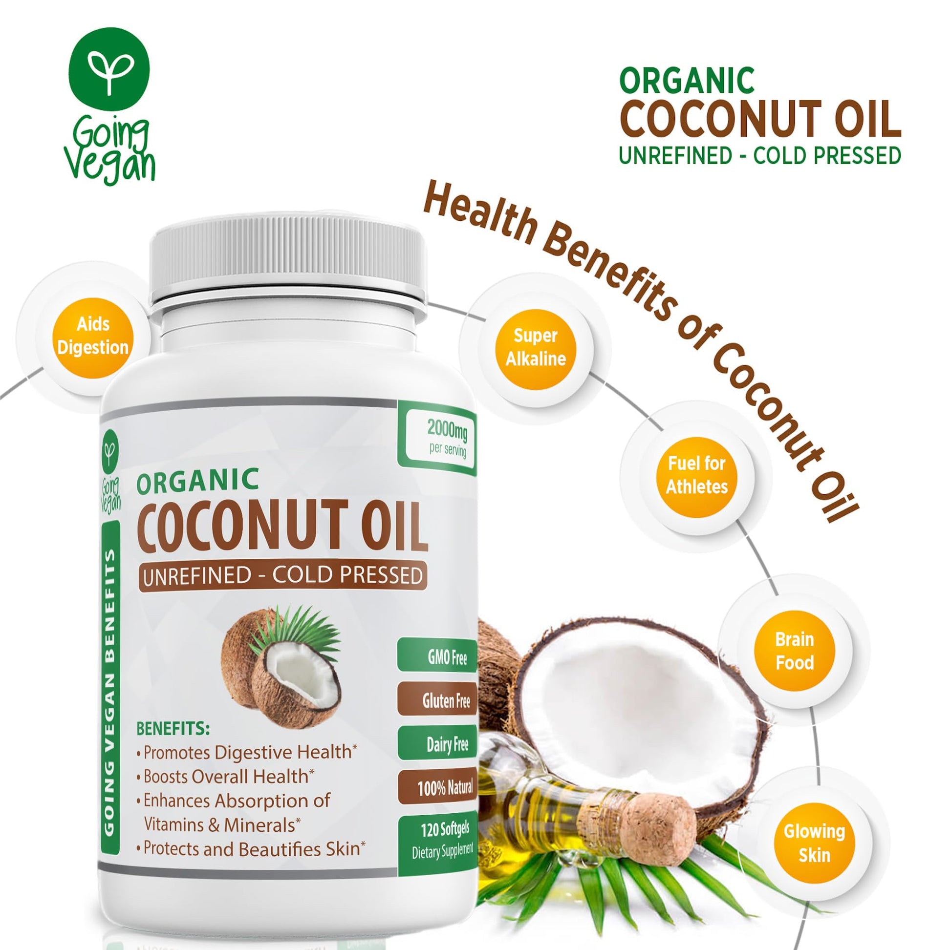 Organic Coconut Oil Capsules 2000mg - 100% Extra Virgin, Cold Pressed for Healthy Skin Going VeganBuy Supplements Australia