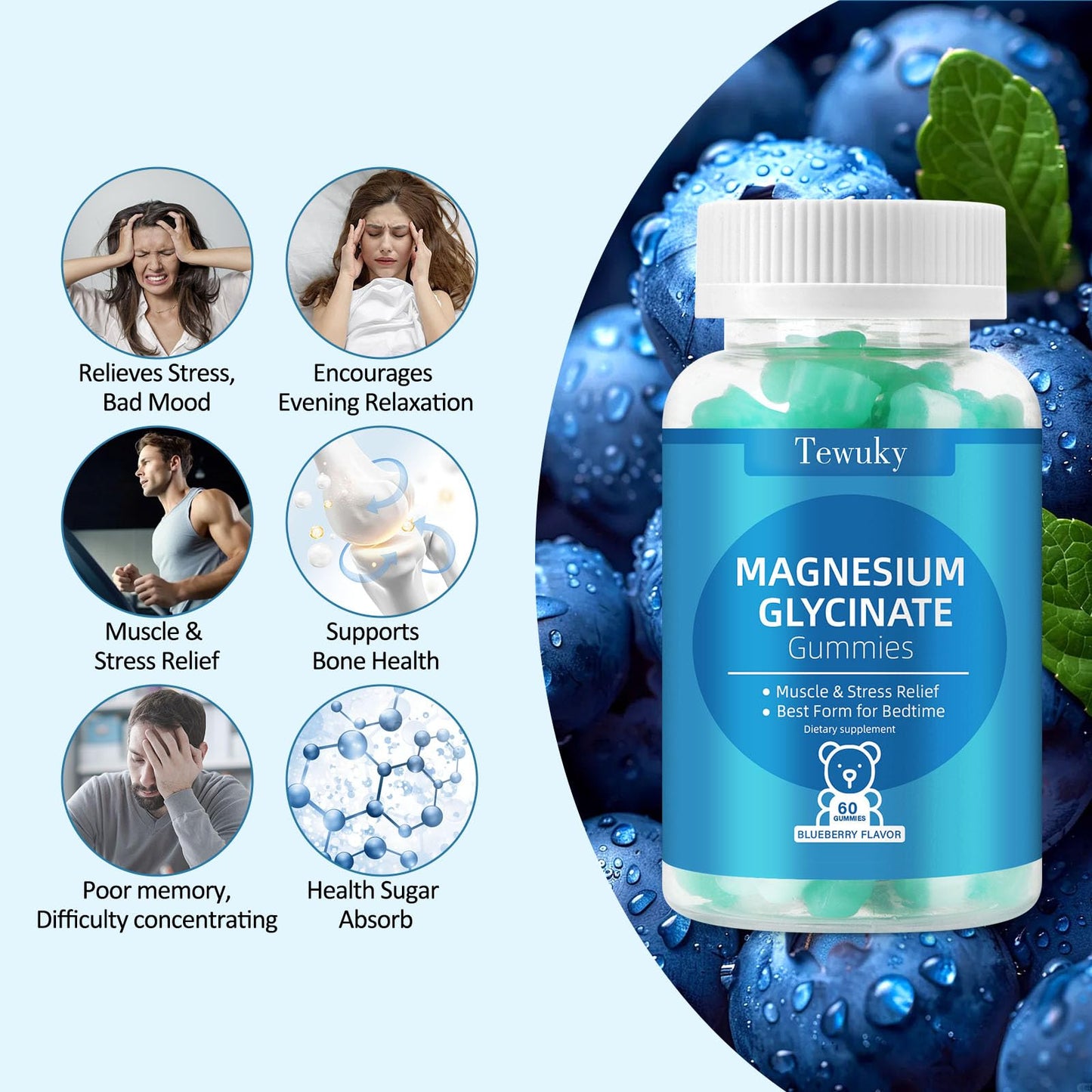 Magnesium Glycinate Gummies 500mg, Sugar-Free for Adults & Kids, Magnesium Gummies for Sleep, Stress & Muscle Relief, Supports Bone & Nerve Health,