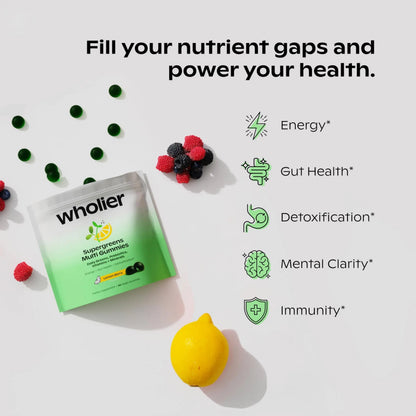 wholier Supergreens Multi Gummies, Daily Greens with Prebiotics, Fiber, Adaptogens, Plant-Based Multivitamin with 9 Essential Vitamins wholierBuy Supplements Australia