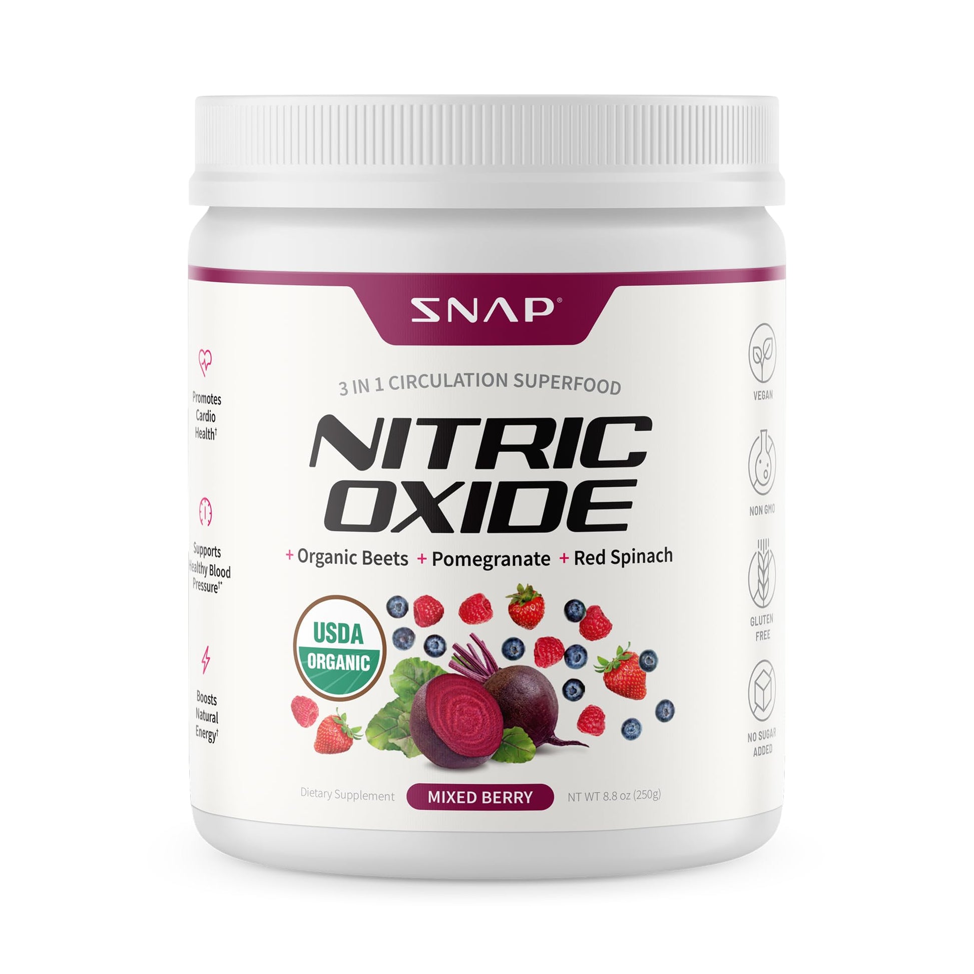 Snap Supplements Organic Beet Root Powder Nitric Oxide Supplement for Men & Women, Red Spinach & Pomegranate, Supports Healthy Energy & Blood Pressure Already in Normal Range, 30 Servings, Mixed Berry Snap SupplementsBuy Supplements Australia