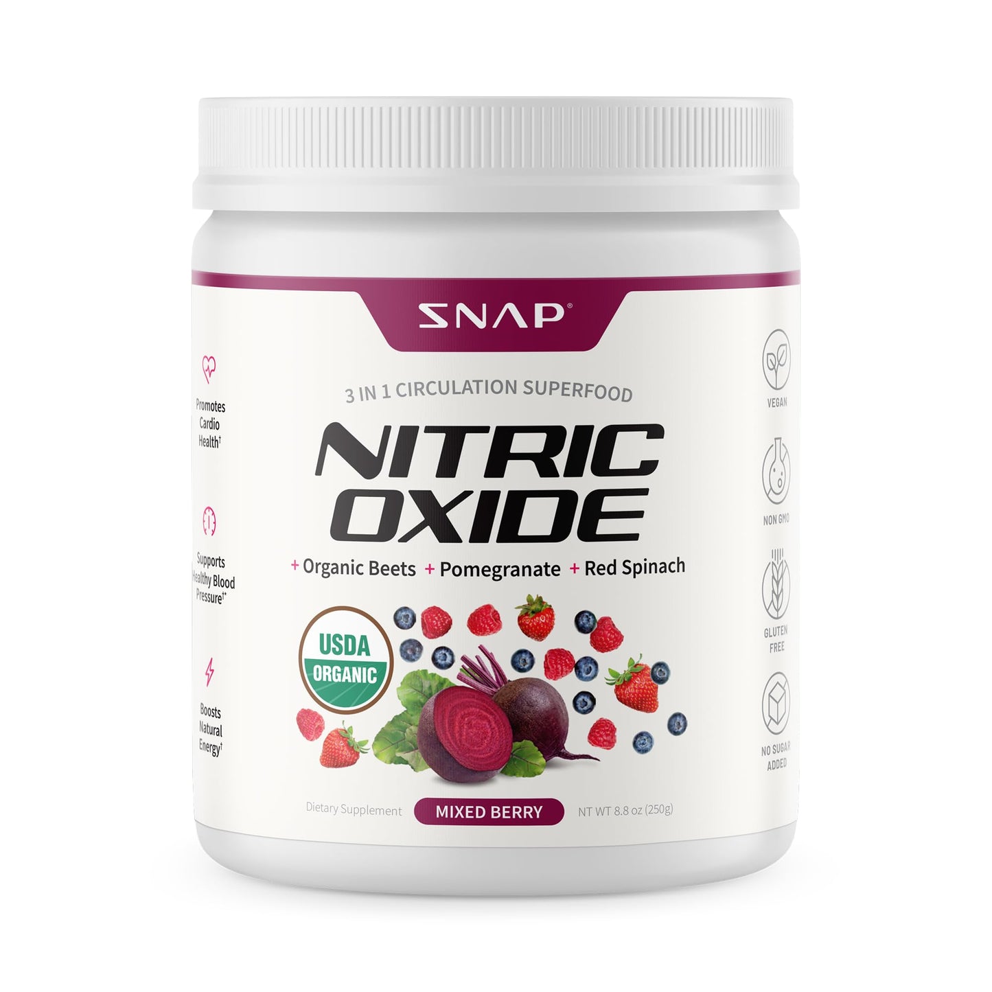 Snap Supplements Organic Beet Root Powder Nitric Oxide Supplement for Men & Women, Red Spinach & Pomegranate, Supports Healthy Energy & Blood Pressure Already in Normal Range, 30 Servings, Mixed Berry Snap SupplementsBuy Supplements Australia
