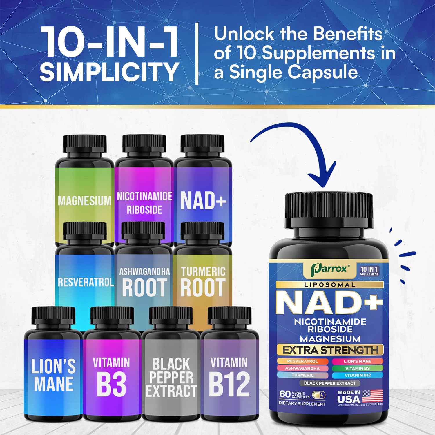 Parrox NAD+ Supplement with Liposomal NAD+, Nicotinamide Riboside, Magnesium, Vitamin B3 & B12, Resveratrol, Turmeric, Ashwagandha, Lion’s Mane,10-in-1 Extra Strength (2 Pack) ParroxBuy Supplements Australia