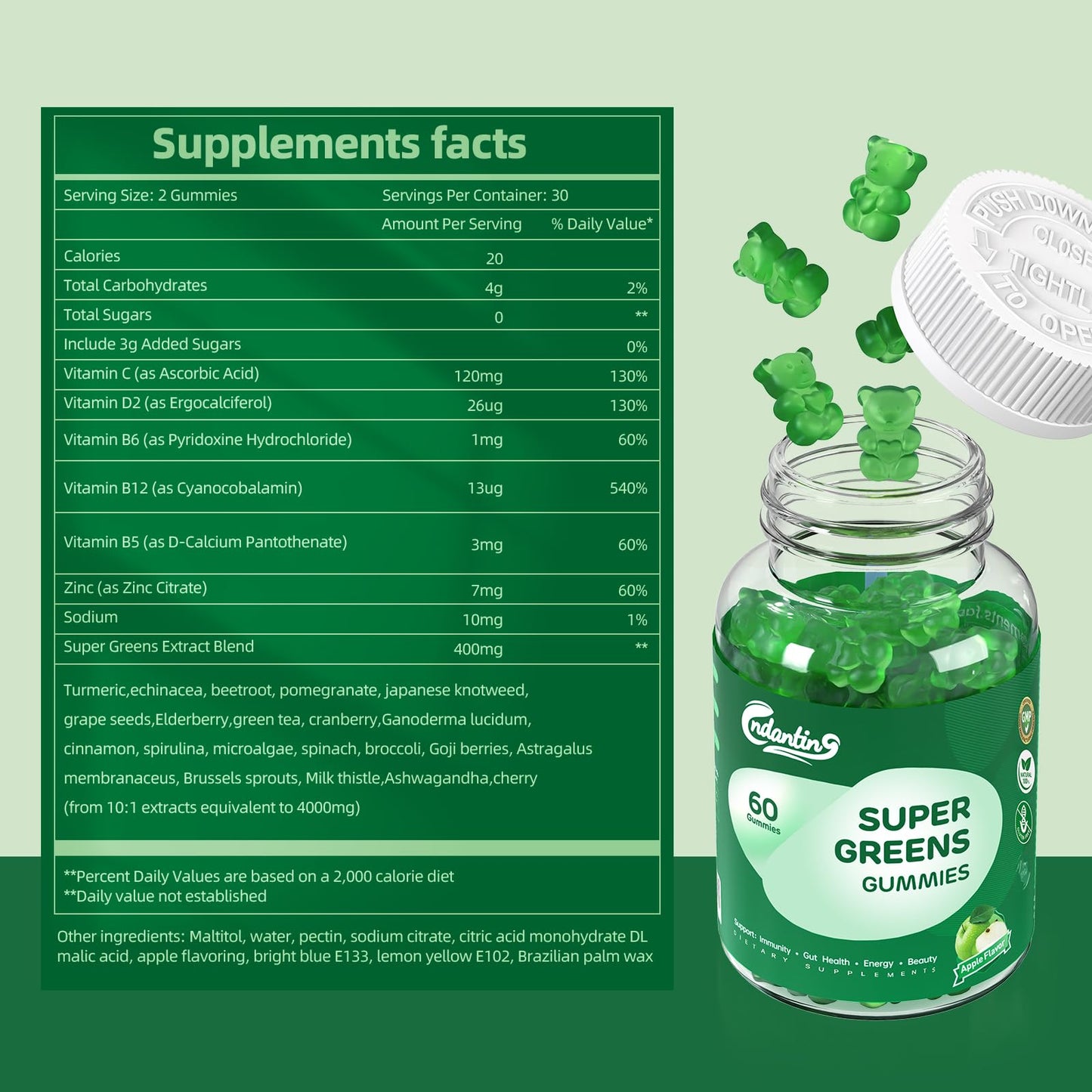 Multivitamin Super Greens Gummies - Daily Vegan Gummy Vitamins for Women, Apple Flavor | Organic Blend with Vitamin C, Turmeric, Zinc, Immune Support, Energy Booster, Metabolism | 60 Count CNDANTINGBuy Supplements Australia