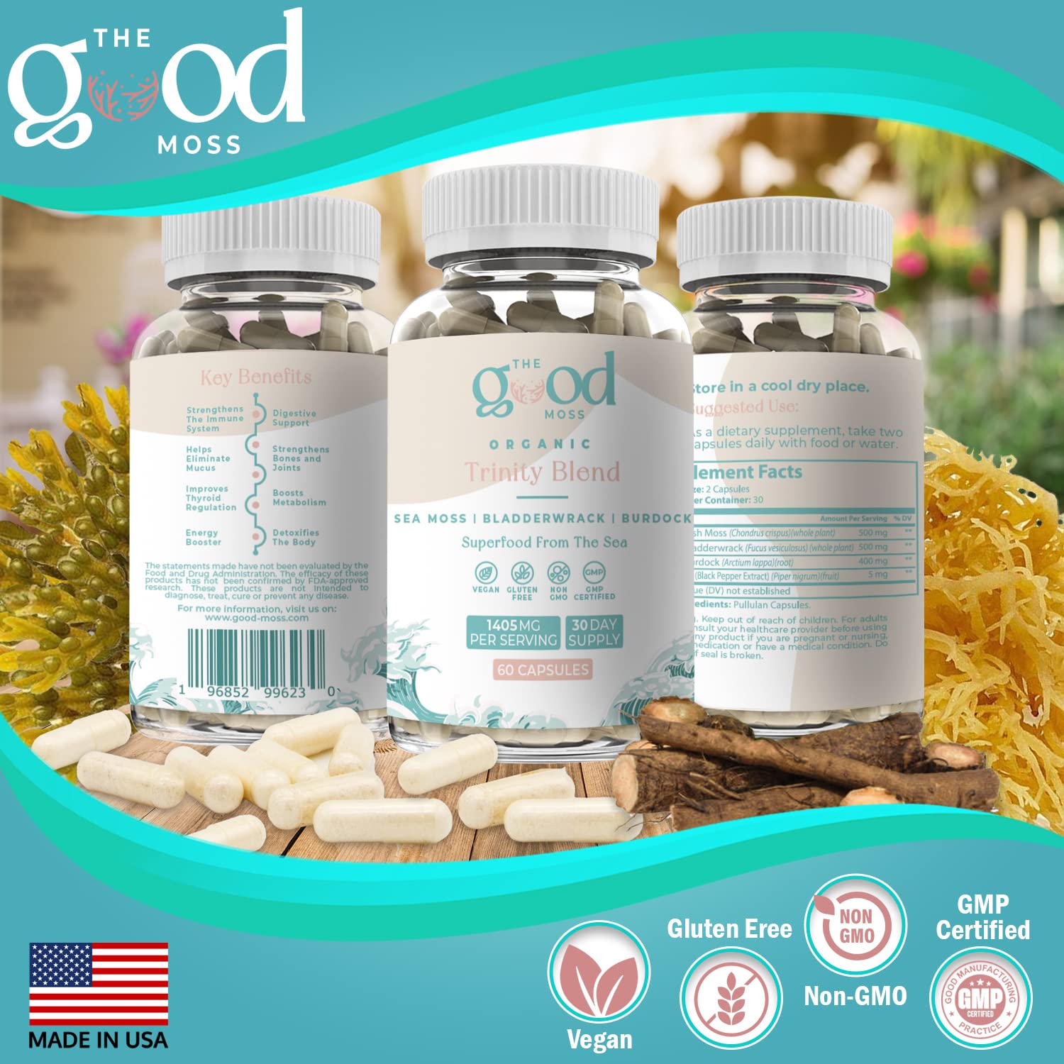 Trinity Blend Superfood -Sea Moss, Bladderwrack and Burdock Root Supplement for Overall Health Support, Hair, Skin and Nails 60ct The Good MossBuy Supplements Australia