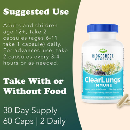 RidgeCrest Herbals ClearLungs Immune, Lung Support Supplement with Elderberry, Zinc, Vitamin C, Vitamin A, Olive Leaf, Mullein, Lung Wellness Formula for Respiratory Health (60 Vegan Caps, 30 Serv) RidgeCrest HerbalsBuy Supplements Australia