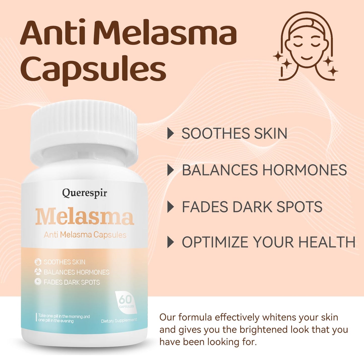 Melanina Anti-Melasma Capsule, Melasma Dark Spot Remover, Melanin Supplement, Spots Remover for Face & Body, Vitamin C & Turmeric Extract, Brightens & Even Skin Tone - 60 Capsules QuerespirBuy Supplements Australia