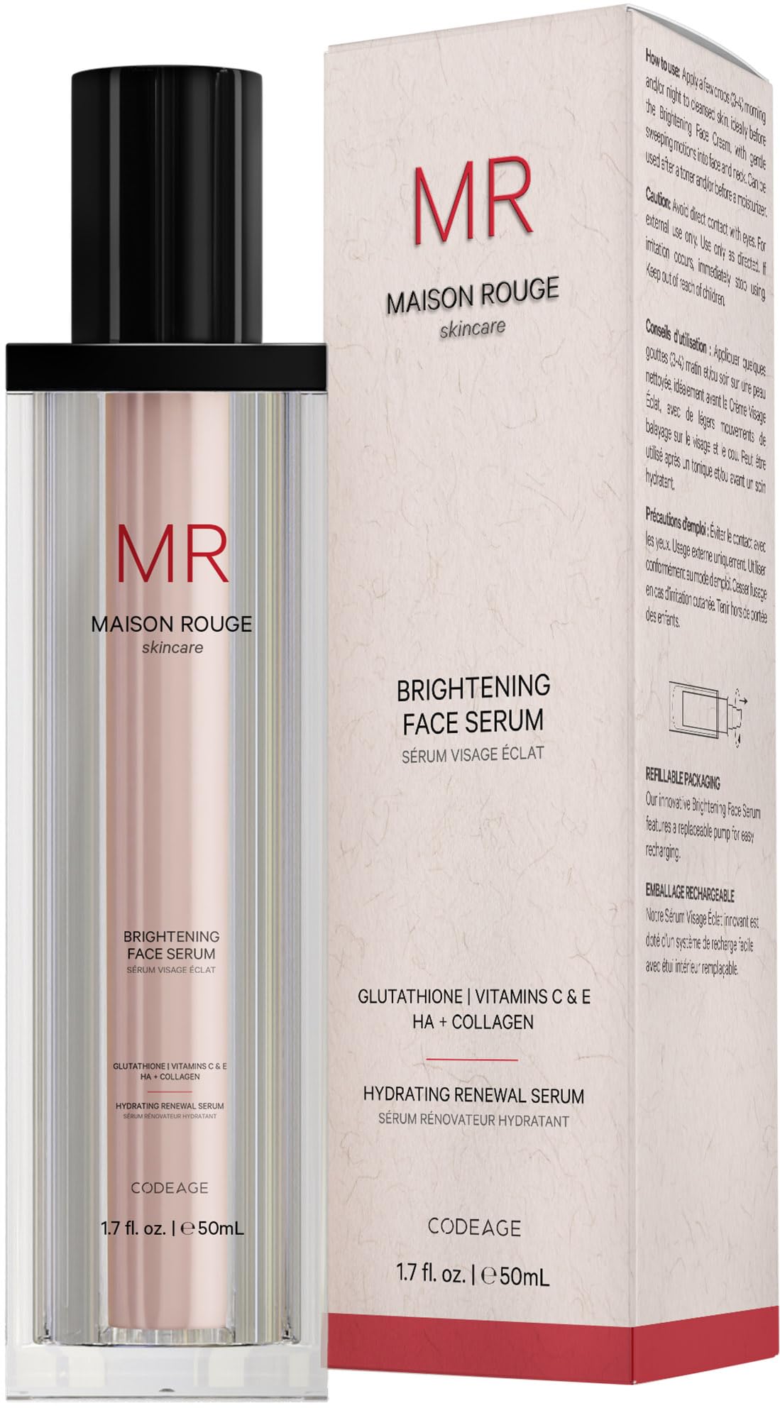 Maison Rouge Brightening Face Serum by Codeage - Glutathione Serum, Vitamin C, E, Hyaluronic Acid, Collagen - Radiance Enhancing - Parabens and Sulfates-Free - Refillable - All Skin Types - 1.7 fl oz CodeageBuy Supplements Australia