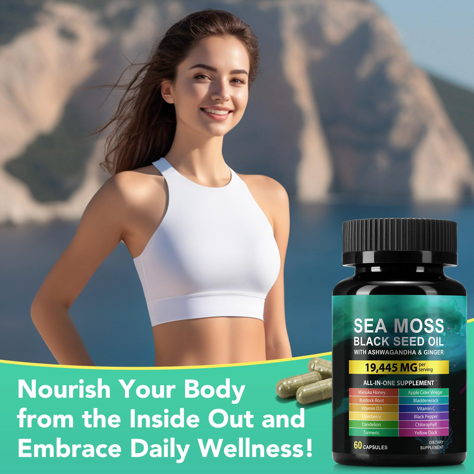 Sea Moss Black Seed Oil Ashwagandha Ginger Capsules, Seamoss Capsules Supplement with Bladderwrack Burdock & Vitamin C Vitamin D3 for Women & Men-Enhanced Immunity,60 Counts VceeoyBuy Supplements Australia