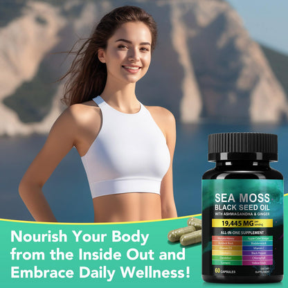 Sea Moss Black Seed Oil Ashwagandha Ginger Capsules, Seamoss Capsules Supplement with Bladderwrack Burdock & Vitamin C Vitamin D3 for Women & Men-Enhanced Immunity,60 Counts VceeoyBuy Supplements Australia