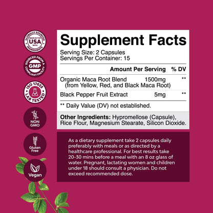 Maca Root Capsules for Women - Potent Herbal Supplement with Female Enhancing Blend of Red Yellow & Black Maca Root - Non-GMO Certified Vegan and Gluten-Free with No Artificial Colors - 30 Count Natures CraftBuy Supplements Australia