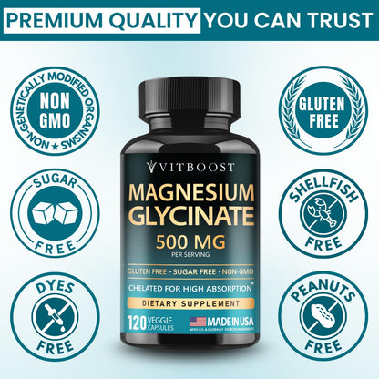 VITBOOST Magnesium Glycinate 500mg - High Absorption Chelated Supplement - Supports Sleep, Muscle Recovery & Heart Health - Non-GMO