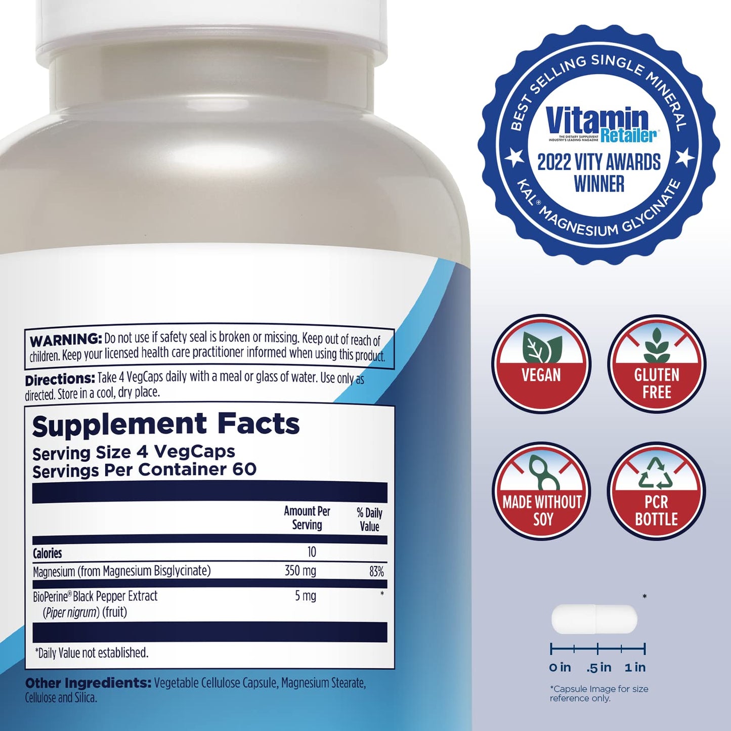 KAL Magnesium Glycinate, New & Improved Fully Chelated High Absorption Formula with BioPerine, Bisglycinate Chelate for Stress, Relaxation