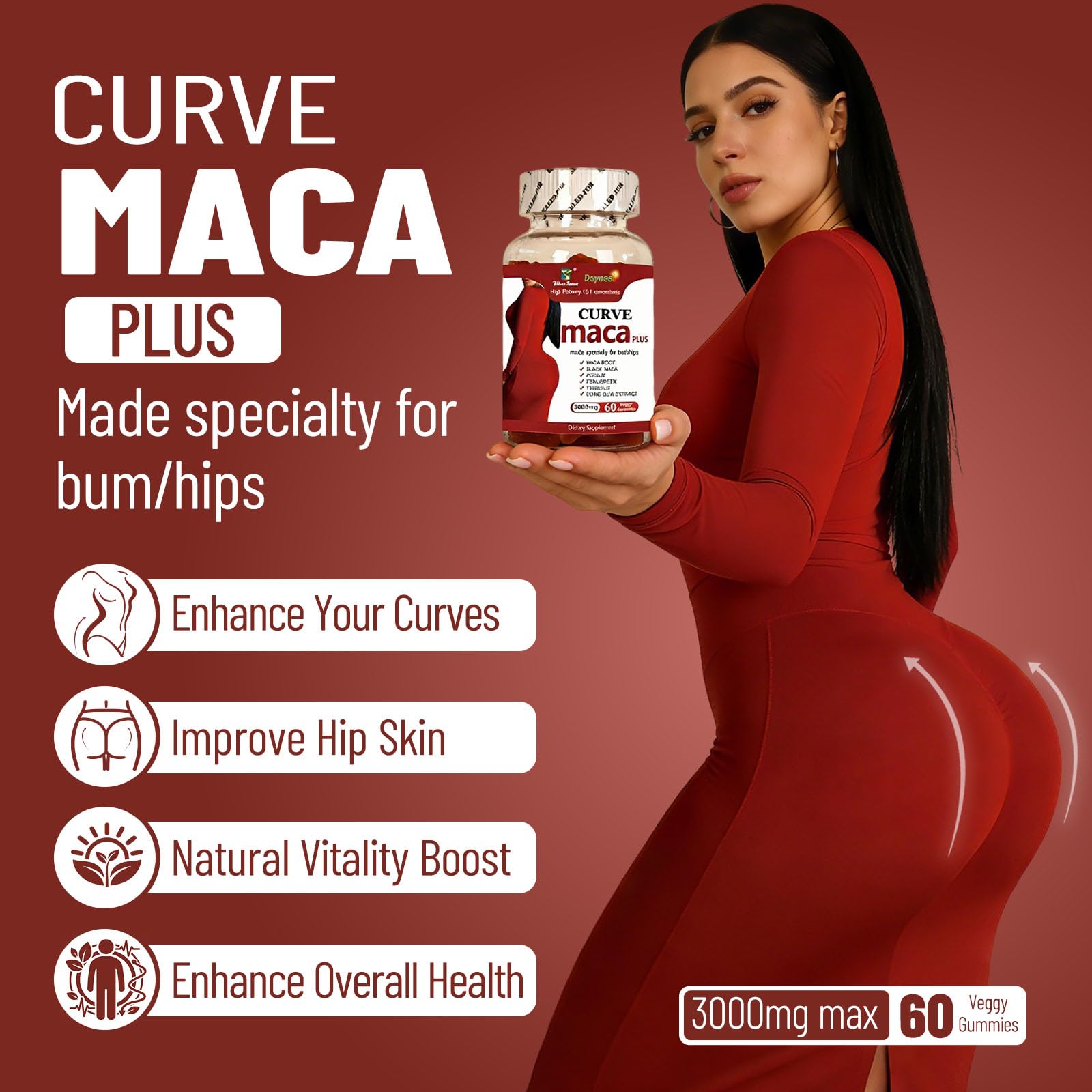 Wins Town Maca Plus Gummies 3000mg, Glute Boost Vitamins for Women, Supports Curves, Energy & Skin Health, Strawberry Flavor, Vegan, 60 Count Wins TownBuy Supplements Australia